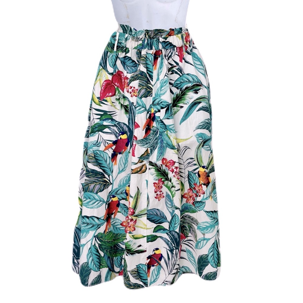Her Destiny Multicolor Tropical Floral Bird 100% Cotton Pocketed Skirt, Size M - Picture 3 of 5